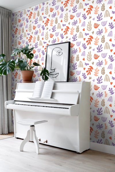 ESTAhome Tapete Pflanzen im Matisse-Stil Beige, Orange und Lila - 50 x 900 cm - 131018