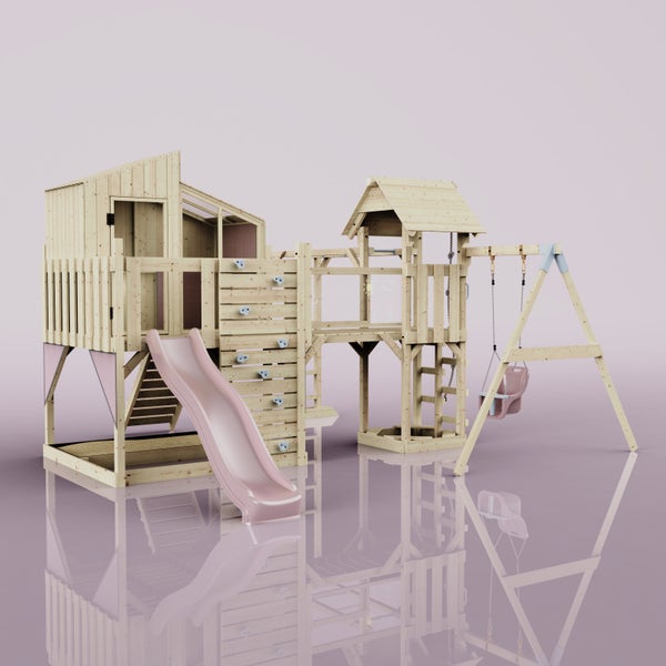 Spielturm aus Holz mit Rutsche, Schaukel und Kletterwand