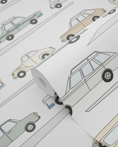 ESTAhome Tapete Autos Graugrün, Grau und Beige - 50 x 900 cm - 139537
