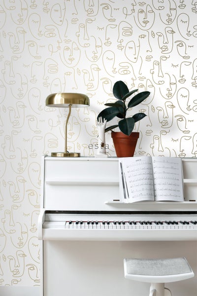 ESTAhome Tapete Line Art Gesichter Weiß und Gold - 53 cm x 10.05 m - 139146