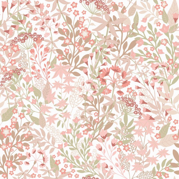 ESTAhome Tapete Feldblumen Graugrün und Rosa - 50 x 900 cm - 131348