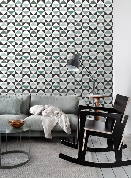 ESTAhome Tapete grafische Dreiecke Weiß, Schwarz, Mintgrün und Seegrün - 0,53 x 10,05 m - 139096
