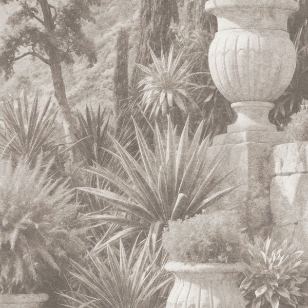 Gartenszene mit Pflanzen und dekorativen Urnen