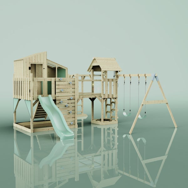 Holzspielturm mit Rutsche und Schaukel für den Garten