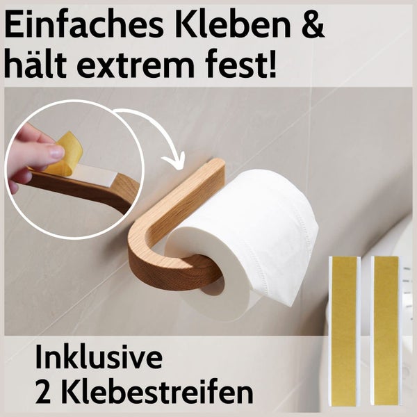 Selbstklebender Toilettenpapierhalter aus Holz inklusive zwei Klebestreifen.