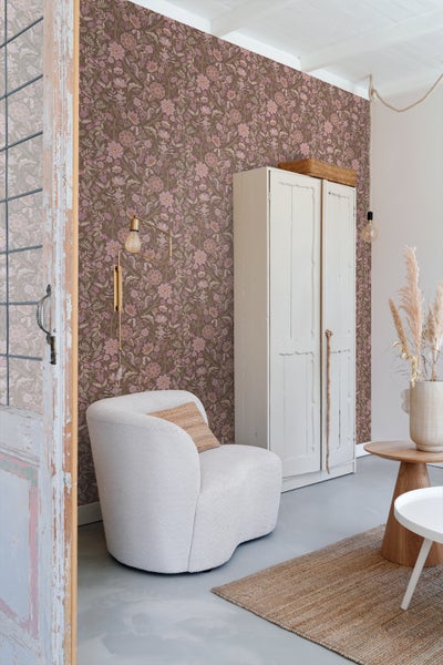 ESTAhome Tapete Blumenmuster mauve-violett und Graugrün - 50 x 900 cm - 131337