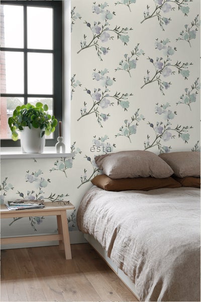 ESTAhome Tapete Kirschblüten Beige und Violett - 53 cm x 10.05 m - 148715