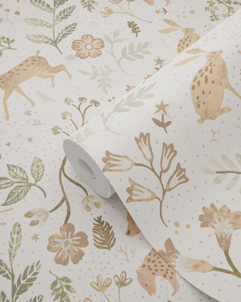 ESTAhome Tapete Wald mit Waldtieren Crême-Weiß und Beige - 53 cm x 10.05 m - 139525