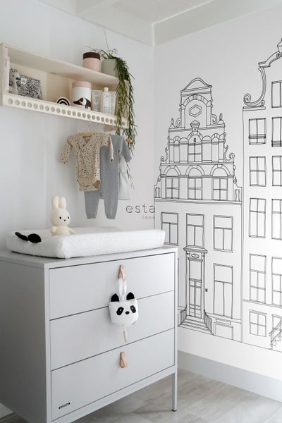 ESTAhome Fototapete gezeichnete Amsterdamer Grachtenhäuser Schwarz und Weiß - 150 x 279 cm - 158833