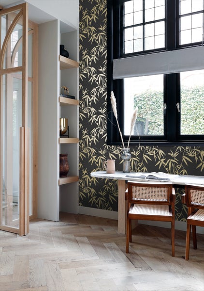 Origin Wallcoverings Tapete Bambusblätter Schwarz und Gold - 53 cm x 10.05 m - 347740