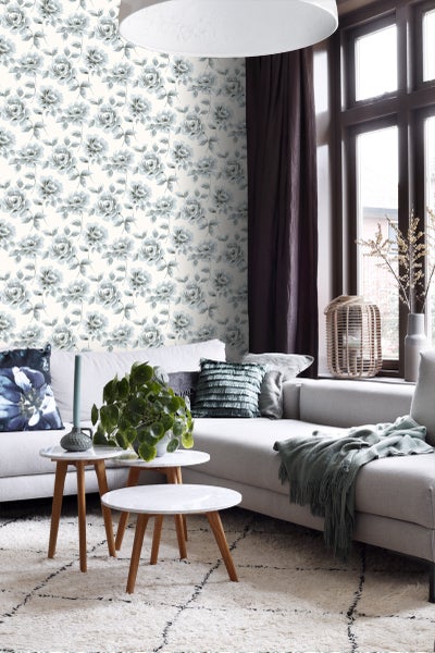 ESTAhome Tapete Aquarell gemalte Rosen Hellblau und Grau - 53 cm x 10.05 m - 128013