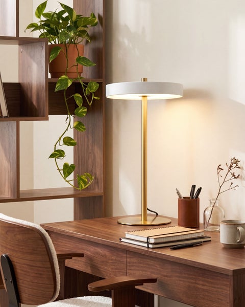 Moderne Schreibtischlampe auf einem Holztisch in einem aufgeräumten Arbeitszimmer mit Zimmerpflanze und Schreibutensilien.