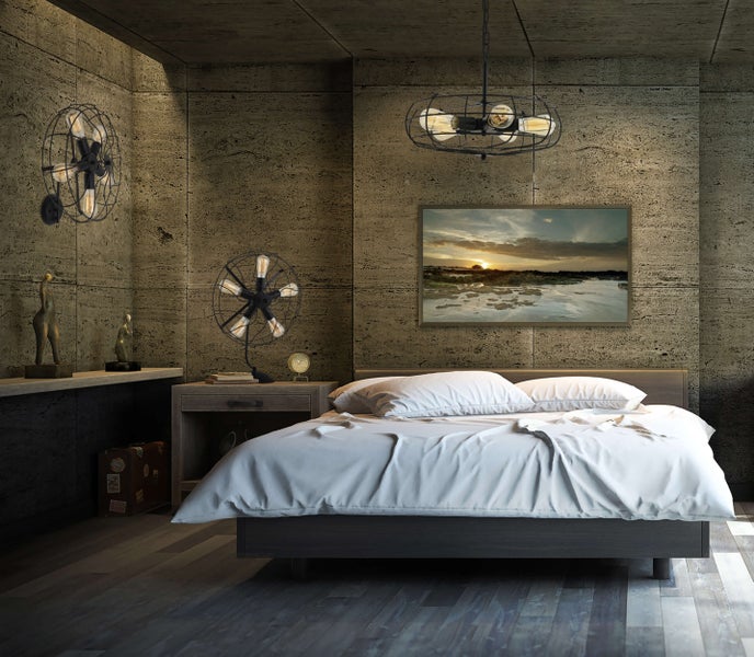 Schlafzimmer mit Bett, Nachttisch, Wandleuchte, Tischleuchte, Pendelleuchte und Dekorationen im industriellen Stil