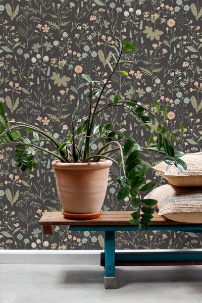 ESTAhome Tapete Feldblumen Antrazitgrau - 50 x 900 cm - 139696