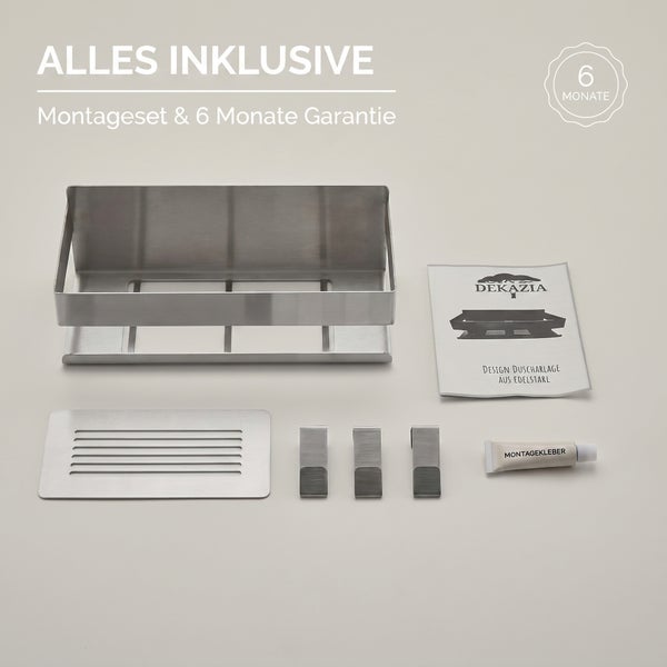 Edelstahl-Duschablagen-Set mit Wandregal, geschlitzter Bodenplatte, drei Haken, Montagekleber und Anleitung. Sechs Monate Garantie.