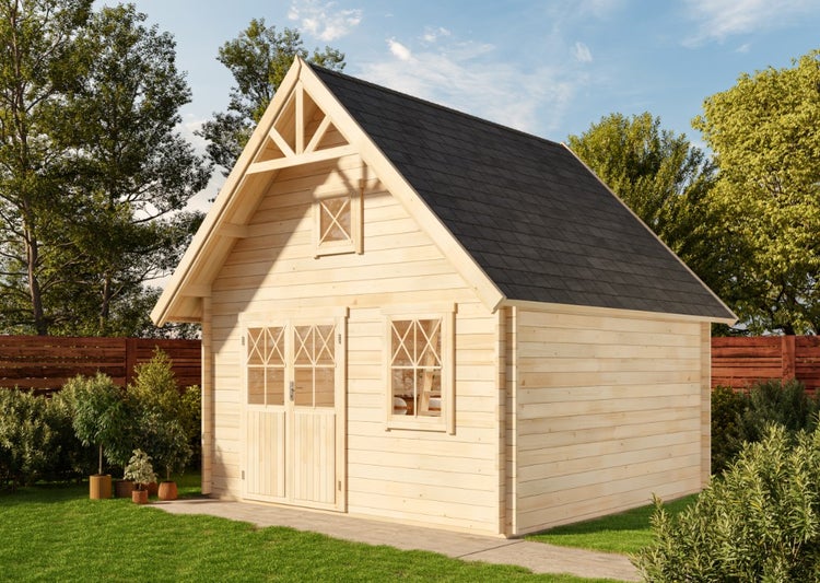 Holzgartenhaus mit Satteldach und Fenstern
