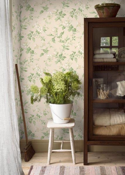 Borastapeter Tapete Blumenmuster Altrosa und Grün - 53 cm x 10.05 m - 660057