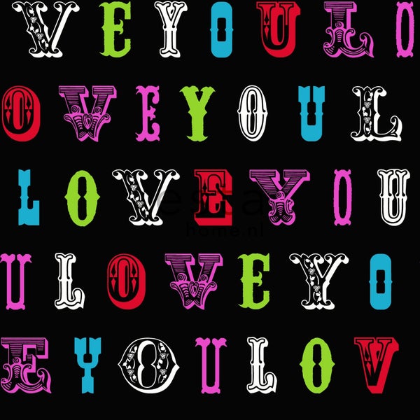ESTAhome Tapete love you - Sprüche Multicolor auf Schwarz - 53 cm x 10.05 m - 136839