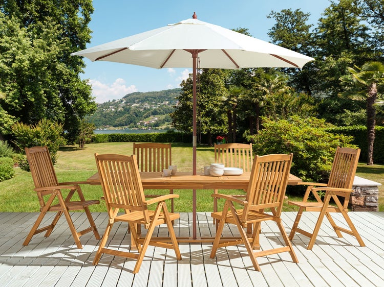 Gartenmöbel Set 6-Sitzer JAVA mit Schirm (12 Optionen) Akazienholz Hellbraun