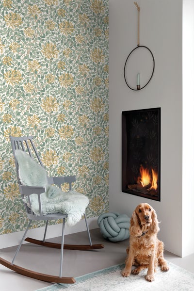 ESTAhome Tapete Blumen Türkis und Ockergelb - 50 x 900 cm - 131031