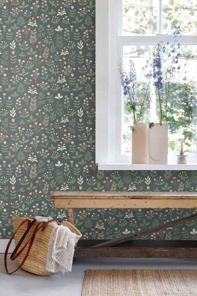 ESTAhome Tapete Feldblumen Graugrün und Orange - 50 x 900 cm - 131098