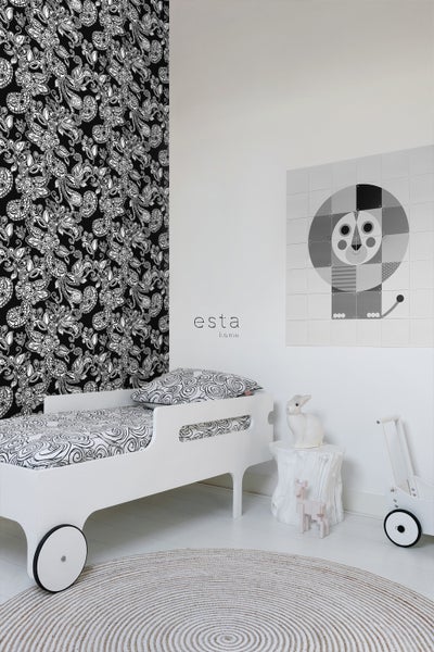 ESTAhome Tapete funky Blumen und Paisleys Schwarz und Weiß - 53 cm x 10.05 m - 136844