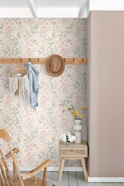 ESTAhome Tapete Blätter und Blumen Weiß und Hellrosa - 50 x 900 cm - 131384