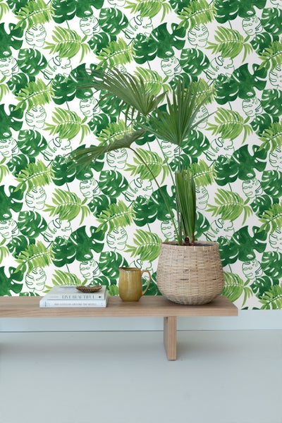 Dekorative Tapete mit tropischen Blättern als Hintergrund für eine Pflanze in einem Korb auf einem Holztisch