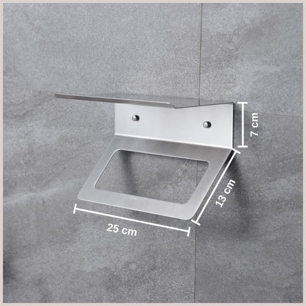 Toilettenpapierhalter mit Ablage aus Edelstahl mit den Maßen 25 mal 13 mal 7 Zentimeter.