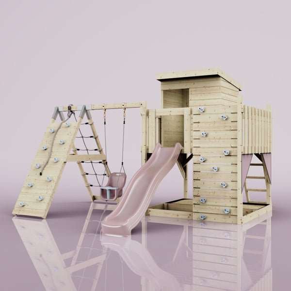 Kletterturm aus Holz mit Rutsche, Babyschaukel, Kletterwand und Spielhaus für Kinder im Garten.