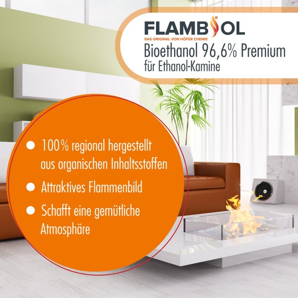 Wohnzimmer mit Bioethanol Kamin und Flambol Bioethanol 96,6 Prozent Premium für Ethanol Kamine