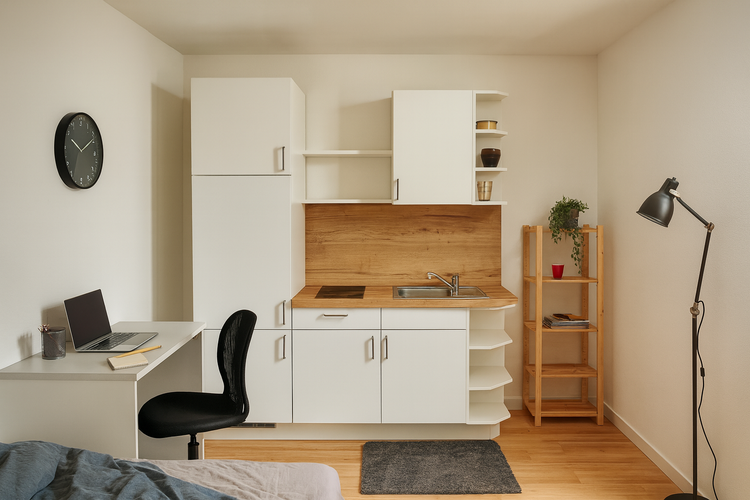 Kompakte weiße Küchenzeile mit Holz-Arbeitsplatte, Spüle, Kochfeld und passendem Schreibtisch in einem hellen, organisierten Raum.