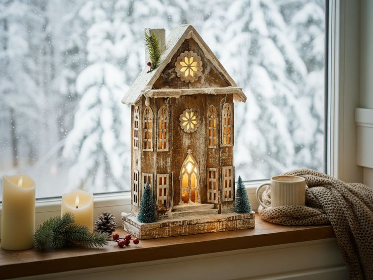 Dekoratives Holzhaus mit Beleuchtung auf einer Fensterbank mit Kerzen und Tasse.