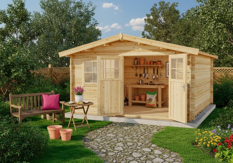 Gartenszene mit offenem Holzgartenhaus, Werkzeug, Rasenmäher, Werkbank und Gartenschlauch