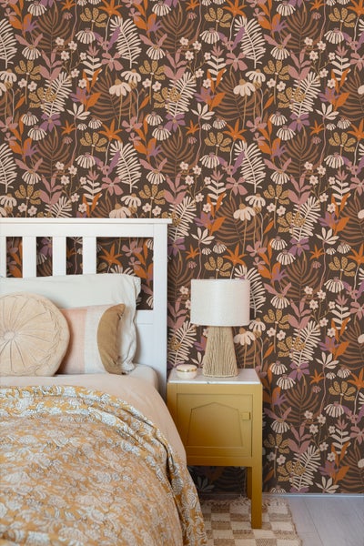 ESTAhome Tapete tropische Blätter und Blüten Braun, Lila und Mehrfarbig - 50 x 900 cm - 130998