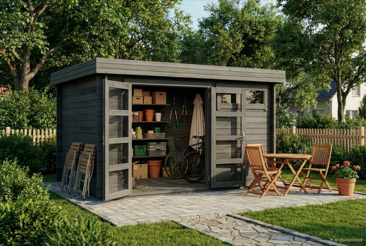 Modernes Gartenhaus aus Holz mit Flachdach und Doppeltür, genutzt als organisierter Lagerraum für Fahrräder, Gartenutensilien und Regale.