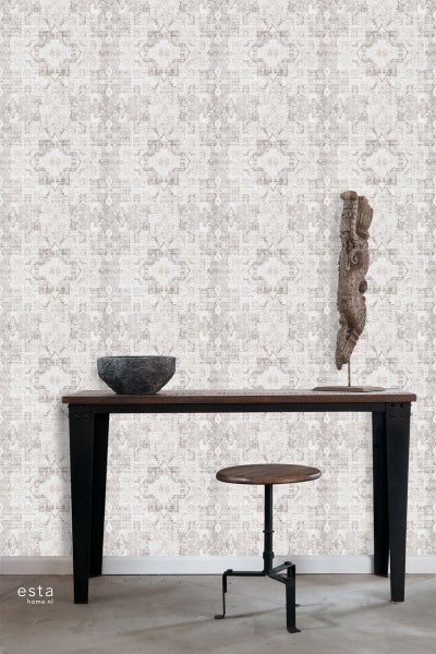 ESTAhome Tapete orientalisches Kelim-Patchwork Hellgrau - 53 cm x 10.05 m - 148654