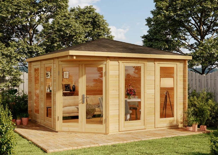 Alpholz 5-Eck Gartenhaus Maja aus Massiv-holz, Gerätehaus mit 44 mm Wandstärke mit Imprägnierung (Pinie), Garten Holzhaus inklusive Montagematerial, Geräteschuppen Größe: 400 x 400 cm, Spitzdach