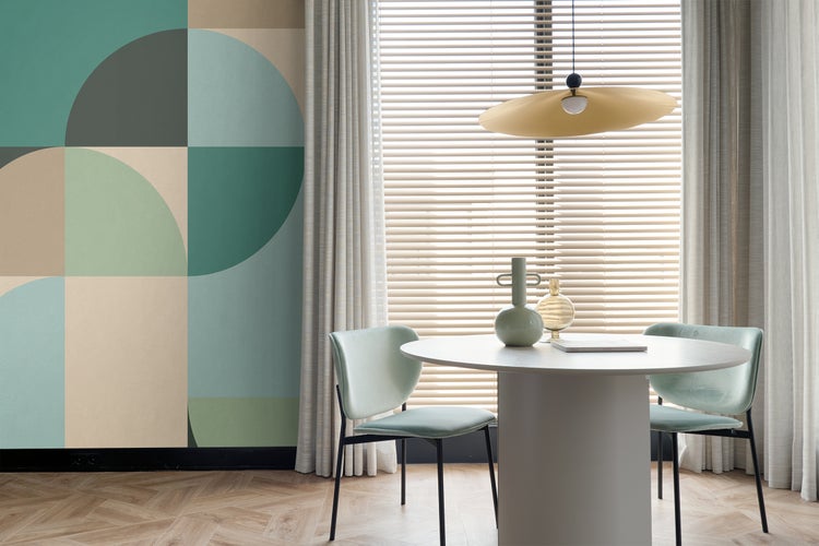 ESTAhome Fototapete Kreise im Bauhaus-Stil Petrolgrün, Mintgrün und Beige - 250 x 279 cm - 159369