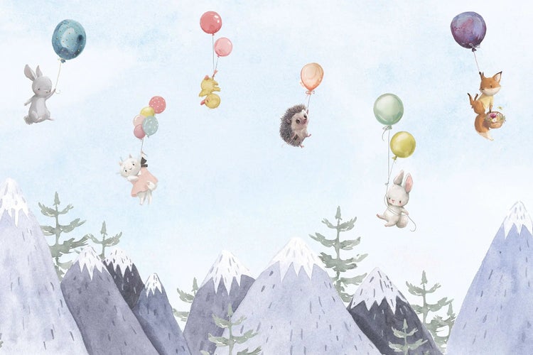 Kindertapete Berge und Tiere Aquarell 600 x 300 cm