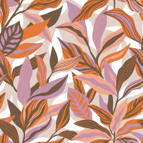 ESTAhome Tapete tropische Blätter Orange, Lila und Rosa - 50 x 900 cm - 131042