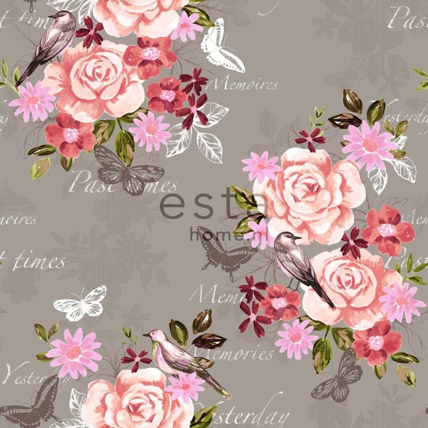 ESTAhome Tapete Blumen und Vögel Sepiabraun - 53 cm x 10.05 m - 138121