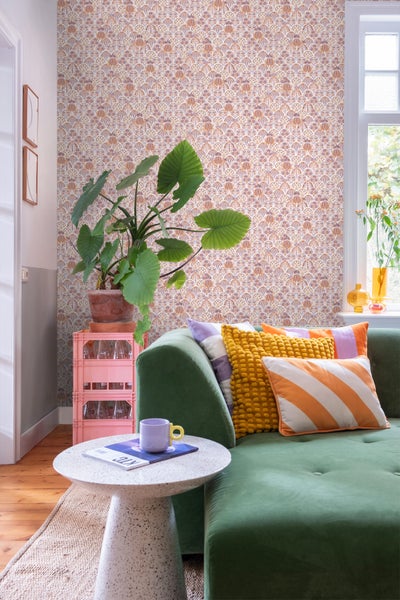 ESTAhome Tapete Blumenmuster im Jugendstil Violett und Orange - 50 x 900 cm - 131510