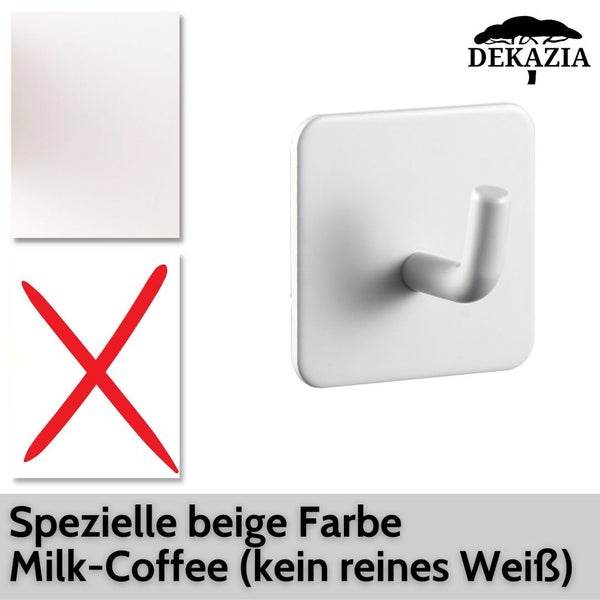 Quadratischer, selbstklebender Wandhaken in beige Milk-Coffee, kein reines weiß, Dekazia Logo.