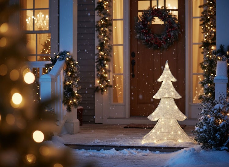 Dekoratives Weihnachtshaus mit beleuchtetem Baum und Weihnachtsschmuck