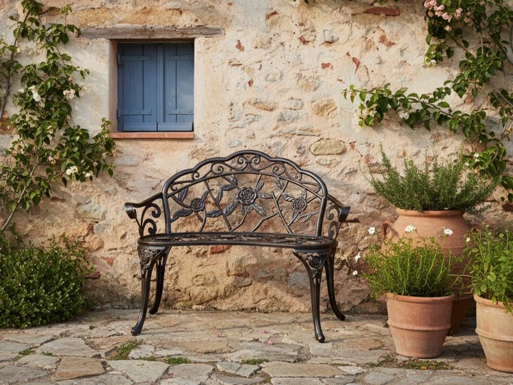 Gartenbank aus Metall vor Steinmauer mit blauem Fensterladen und Topfpflanzen