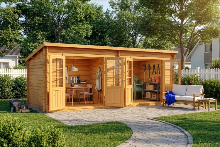 Großes Gartenhaus aus Holz mit Doppeltüren, offenem Wohnbereich und integriertem Abstellraum in einem gepflegten Garten mit Terrasse.