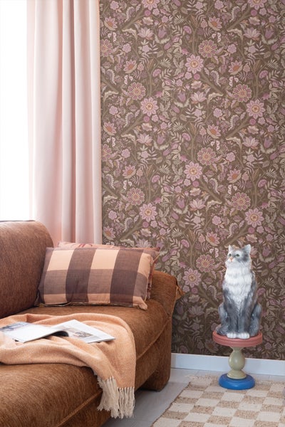 ESTAhome Tapete Blumenmuster mauve-violett und Graugrün - 50 x 900 cm - 131337