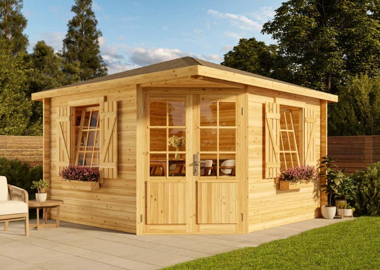 Alpholz 5-Eck Gartenhaus Monica Royal Gartenhaus aus Holz in natur, Holzhaus mit 28 mm Wandstärke, Blockbohlenhaus mit Montagematerial imprägniert 3,5x3,5m