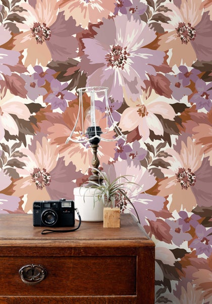 ESTAhome Tapete Blumen mauve-violett und Terrakotta - 50 x 900 cm - 131266